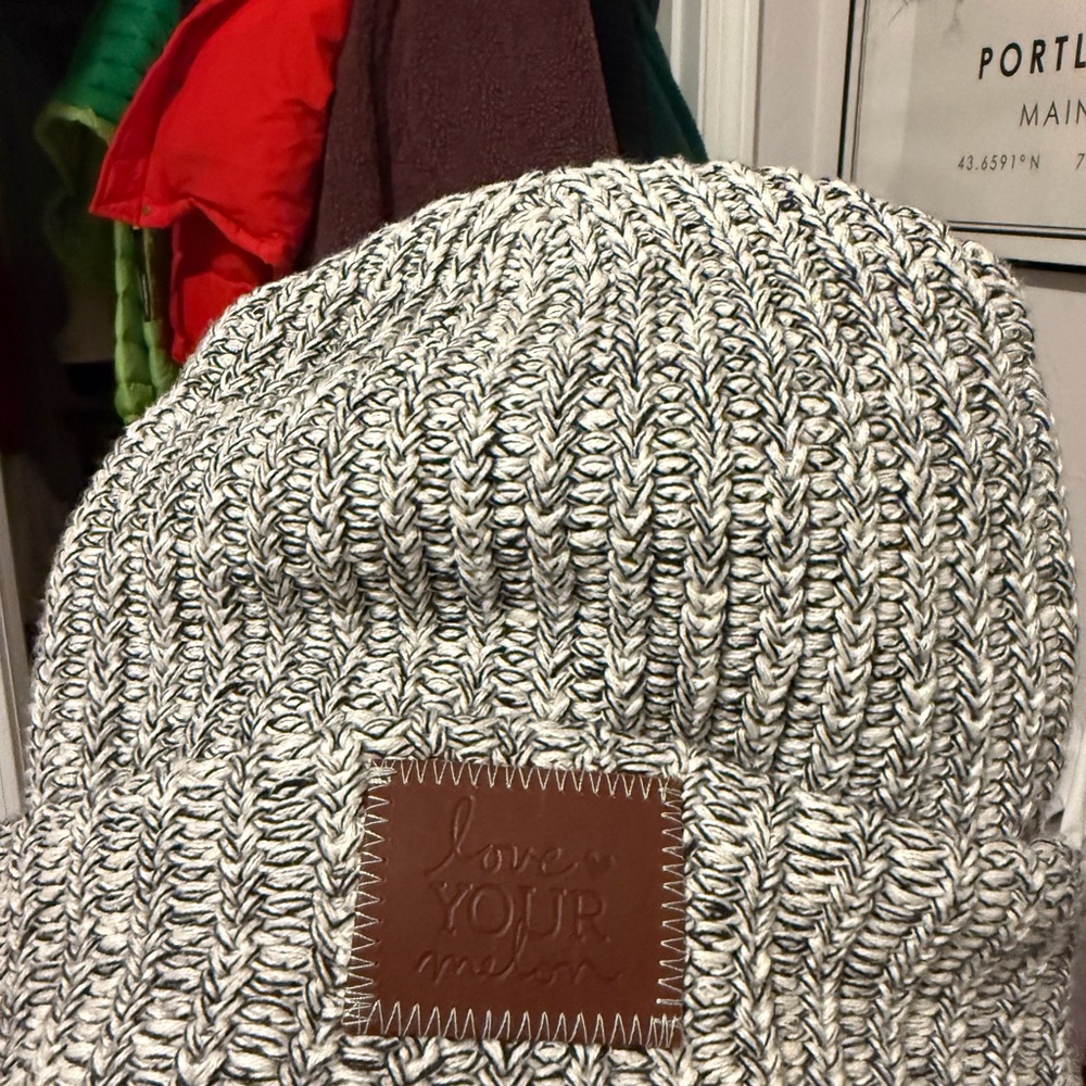Love Your Melon Black and White Beanie with Brown Patch